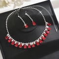 Elegant silver-plated bridal jewelry set with ruby water drop pendants and tassels - HB1798 Necklace And Earrings / Red