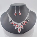 Silver bridal jewelry set with red crystal marquise gems and white rhinestones - 2-Piece Necklace & Earrings Set / Red