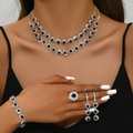 Elegant double-layer sunflower jewelry set with black gems and crystals for weddings - Necklace Earrings Bracelet Ring Set (484798918) / Black