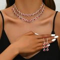 Silver sunflower jewelry set with red rhinestones, double necklace and long earrings - Necklace Earrings Set (484) / Red