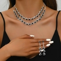 Double-layer silver sunflower jewelry set featuring black gemstone and sparkling crystals - Necklace Earrings Set (484) / Black
