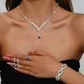 Parure de bijoux de mariage argentée avec gemmes noires en forme de goutte d'eau - Collier Boucles d'Oreilles Bracelet Bague / Argent Pierre Noire