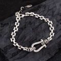 Vintage silver-plated U-shaped bracelet with intricate floral engravings on the horseshoe clasp - Horseshoe Buckle Thai Silver Look Style (SL0014)