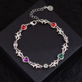 Bracelet vintage en argent S925 avec zircons colorés en forme de cœur et breloques - Style de Lien d'Iris en Forme de Cœur (SL0478) / Argent antique