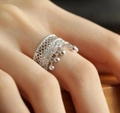 Silver crown hollow ring with small beads and intricate lace mesh details on finger - Silver Crown Lace Style (JZ0074 Silver)