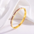 Detail eines goldenen Stahlarmreifs mit rosa Zirkon und weißem Kristallpavé-Besatz - Zweireihiger Stein Stil / Rot