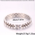 Detail view of flower engraved stainless steel watchband bracelet with dimensions and weight - Two-tone Black