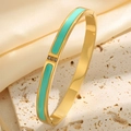 Gold plated stainless steel bangle with light blue enamel and three small diamonds - Green Enamel Three Rhinestones Bangle (Gold)