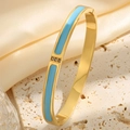 18k gold plated stainless steel bangle with light blue enamel and three diamonds - Blue Enamel Three Rhinestones Bangle (Gold)