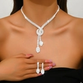 Elegant zircon jewelry set with fringe necklace and teardrop earrings for bridal wear - HB1577 Set / Silver