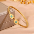 Bracelet jonc ouvert torsadé doré avec incrustation de turquoise et motif soleil - Modèle corde torsadée ouverte / Or Turquoise Bleu Clair