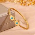 Bracelet jonc ajustable en fil d'acier doré torsadé avec pierres turquoise soleil - Modèle corde torsadée ouverte / Or Turquoise