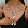 Elegant silver wedding jewelry set with teardrop rhinestone necklace and drop earrings - 1244 Silver White Necklace and Stud Earrings Set