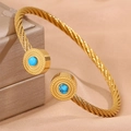 Bracelet jonc en fil d'acier doré avec incrustation turquoise et gravure soleil - Style Rond Turquoise Bleu Foncé