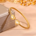 Gold-plated stainless steel twisted cable bangle featuring heart-shaped shell inlay - Heart Wave White Turquoise (SZ841-1-1)