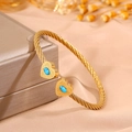 Vintage golden stainless steel twisted heart bangle with turquoise stone accent - Heart Wave Dark Blue Turquoise (SZ841-1-1)