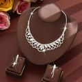 Elegant silver tassel jewelry set with shimmering crystal necklace and long drop earrings - White
