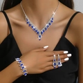 Sparkling silver bridal jewelry set with deep blue teardrop stones and crystals - Necklace Bracelet Earrings Three Piece Set (902+600) / Blue