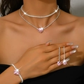 Conjunto de joyas de plata con pedrería de corazón rosa para novia con collar y pendientes - Collar, Pendientes y Pulsera (1514) / Rosa