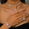 Conjunto de joyas de novia con corazón púrpura collar pendientes y brazalete - Collar, Pendientes y Pulsera (1514) / Púrpura