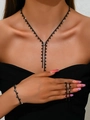 Elegant black rhinestone jewelry set with long tassel necklace, bracelet and ring - Black Necklace Earrings Bracelet