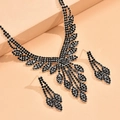Elegant silver necklace and earrings jewelry set with black wing-shaped crystals - Black