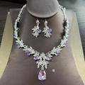 Elegant bridal silver-plated jewelry set with purple teardrop crystals on a dark mannequin - Silver Purple (1422)