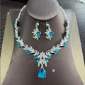 Luxury bridal jewelry set with sea blue teardrop crystals and silver alloy finish - Silver Sky Blue (1422)