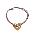 Pink and blue woven rope bracelet with a large gold heart pendant featuring clover motifs - Heart