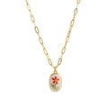 Golden rectangular link chain necklace featuring an oval pendant with a hand-painted red flower - Small Red Flower (Style 7)