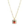 Golden paperclip chain necklace featuring a square white enamel strawberry pendant charm - Square Strawberry (Style 9)