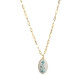 Golden paperclip chain necklace featuring an oval pendant with blue floral patterns - Large Blue Flower (Style 11)