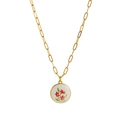 Golden paperclip chain necklace with a vintage round red floral pattern pendant - Three Small Red Flowers (Style 12)