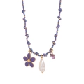 Paarse geweven koordketting met barokparel, bloemhanger en amethist edelstenen - Bloem Paars Touw