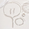 Elegant silver wedding jewelry set featuring rhinestone necklace earrings bracelet and ring - Rhinestone Necklace Bracelet Earrings Ring 4-Piece Set (1416) / Silver