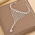 Elegant mesh rhinestone finger bracelet with silver base and sparkling white crystals - Mesh Ring-Linked Bracelet (1389) / Silver