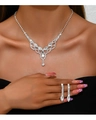 Close-up of sparkling bridal V-shaped rhinestone necklace and dangling fringe earrings - Necklace & Earrings Set / Silver
