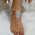 Bohemian silver foot chain with red rhinestones and tassels for beach weddings - 1300 Red Anklet