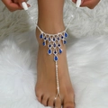 Exotic silver anklet with sparkling white rhinestones and deep blue pear-cut gemstones - 1295 Blue Anklet