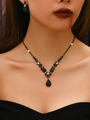 Gothic Halloween bridal jewelry set with black teardrop crystal necklace and earrings - Necklace Stud Earrings Set (501) / Black