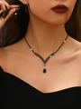 Gothic black rhinestone bridal jewelry set with V-shaped necklace and drop earrings - Necklace Stud Earrings Set (630) / Black