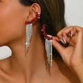 Sparkling tassel earrings with red pear-cut crystals and white diamond claw chains - Stud and Clip Style / Silver-Red