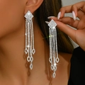 Elegant silver long tassel earrings with sparkling rhinestones and teardrop charms for women - Long Tassel Rhinestone Style / Silver