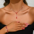 Detailed view of luxury red crystal jewelry set including necklace, bracelet and long earrings - Red Style (446+428-2) / Necklace Earrings Elastic Bracelet