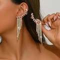 Elegant gold plated tassel earrings featuring pink gems and sparkling rhinestones - Stud and Clip Style / Gold-Rose Red