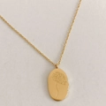Golden stainless steel oval pendant necklace with intricate carnation flower engraving - Chrysanthemum Style (November)