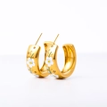 Golden C-shaped earrings with white and light blue floral enamel and small rhinestones - Forget-Me-Not