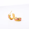 Gold C-shaped enamel hoop earrings featuring pink floral patterns and white zircons - Sweet Pea