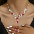 Elegante conjunto de joyas de boda con colgantes de gota rojos y collar floral - 1202 Rojo