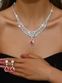 Luxury rhinestone teardrop tassel jewelry set with silver finish and red gemstones - Red / Necklace And Earrings